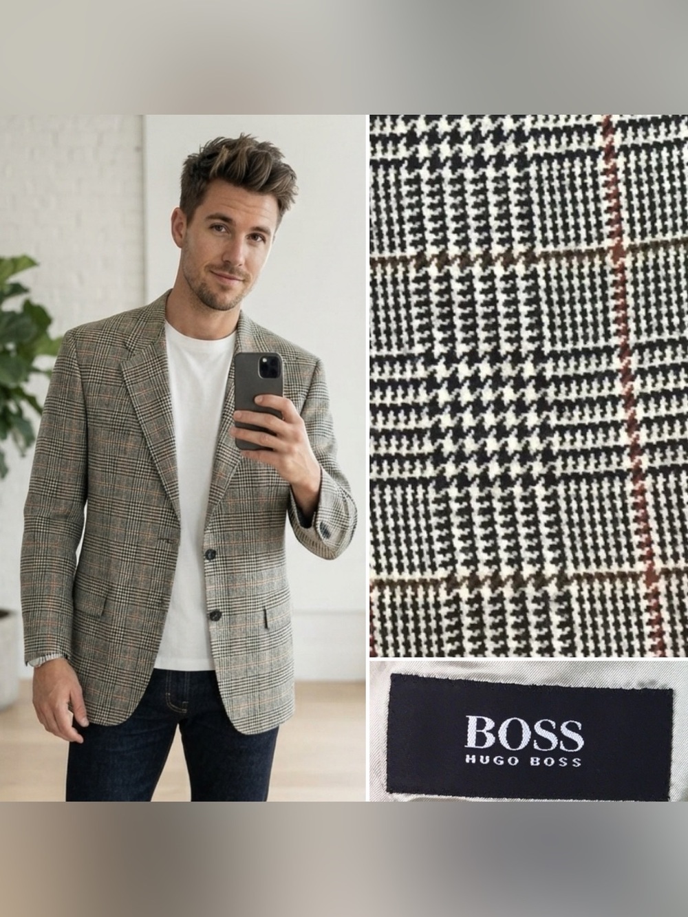 Hugo Boss Men’s 44L Wool Glen Plaid Poseidon Vintage Tweed Blazer Jacket